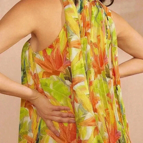 Multicolor Boho Women's Tropical Pleated Neck Detail Dress - Picture 6 of 6